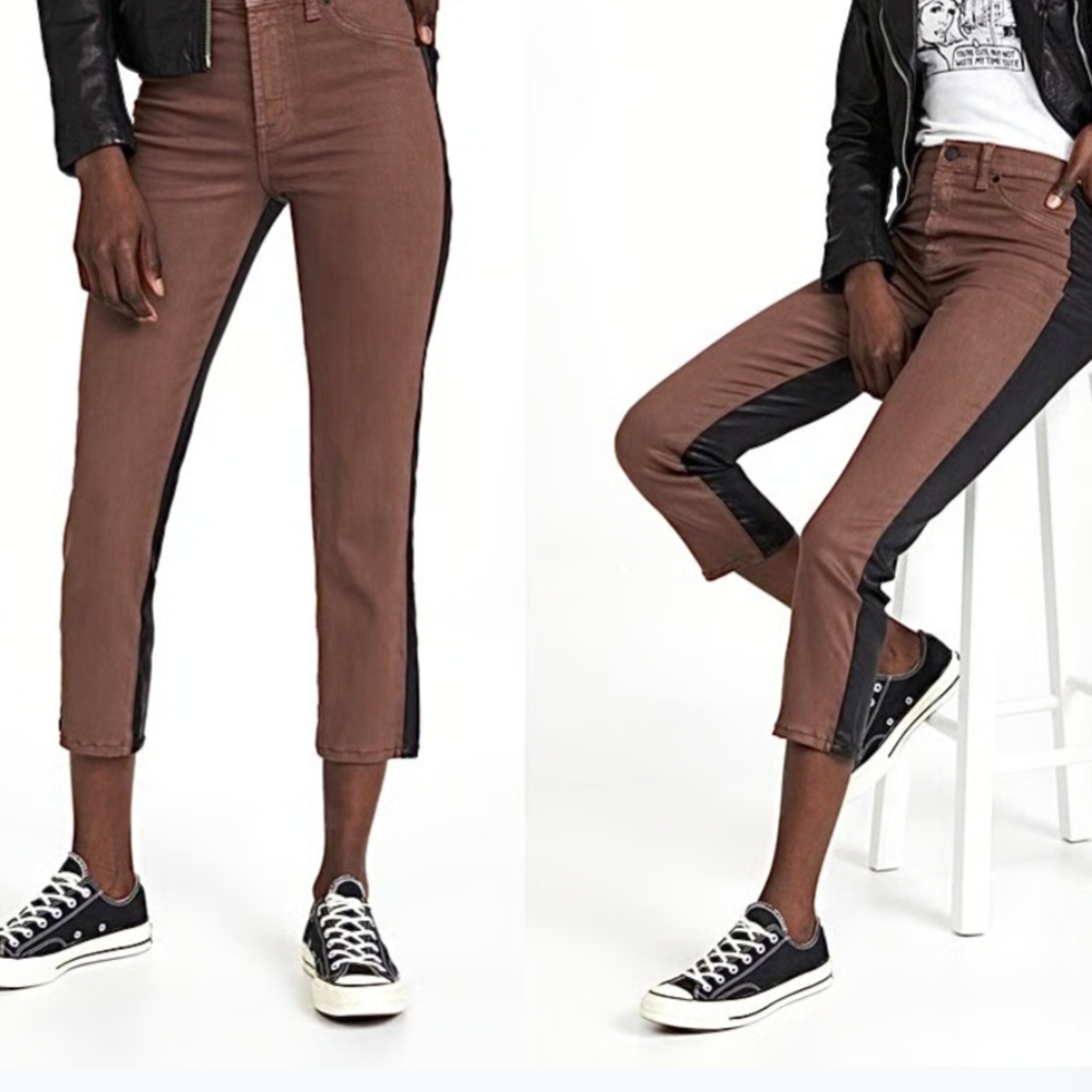 NWT 7 For All Mankind Coated High Waist Cropped Straight two-tone jeans
